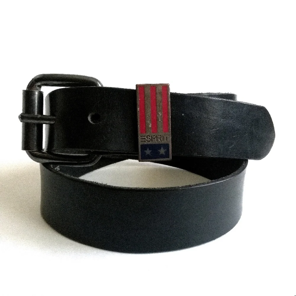 Esprit Vintage 80s Black Leather Belt With Metal Flag Loop